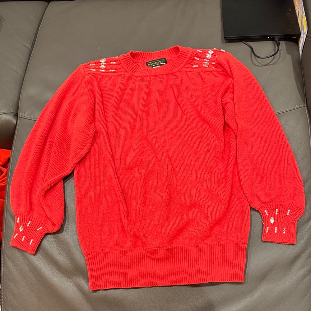 Maurada Chic Red Sweater with Jeweled Accents size Large